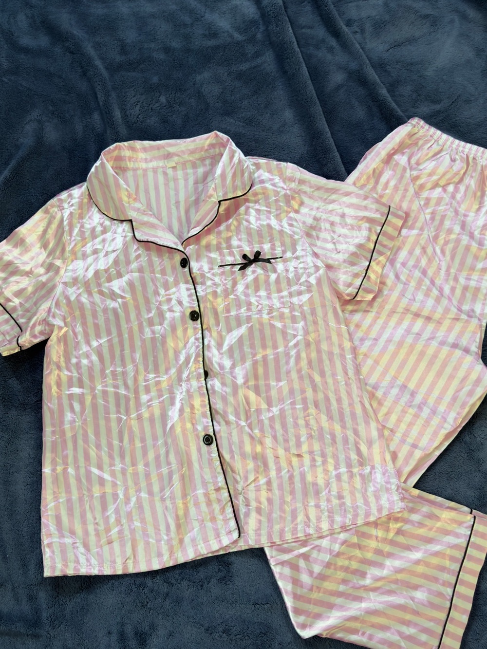 Girls' Pink and Cream Striped Short-Sleeve Pajama Set with Black Trim